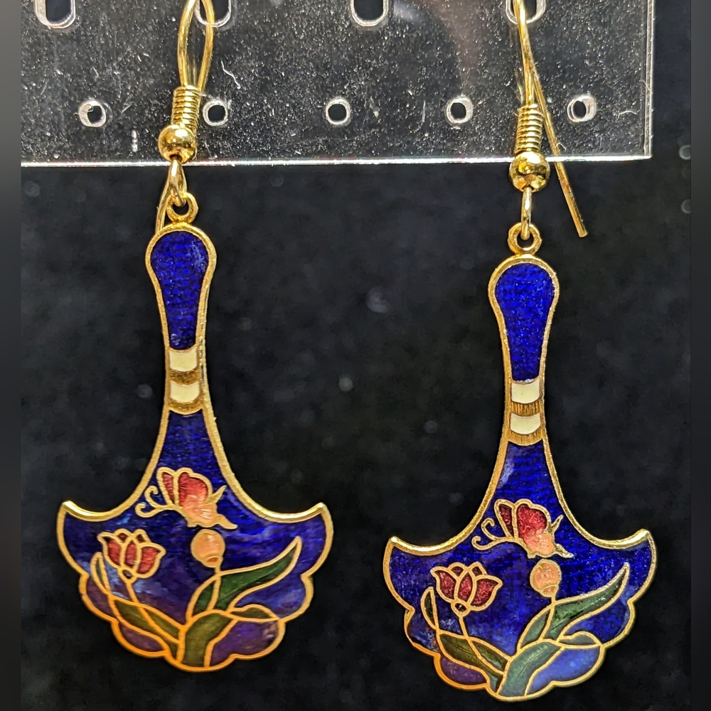 Vintage Cloisonne Fan Earrings, Wirehook Pierced, NOS NWT